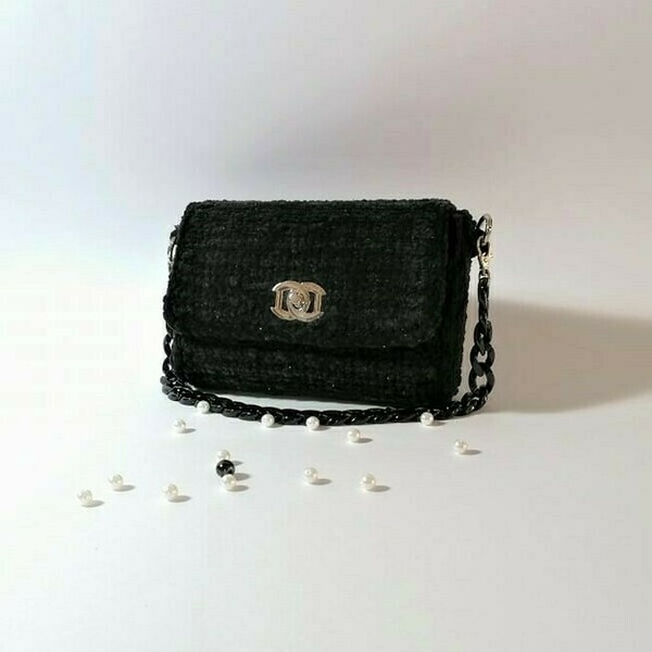 Mini black bag/ Μικρό βελουτέ μαύρο τσαντάκι - νήμα, χειρός, πλεκτές τσάντες, βραδινές, μικρές - 2
