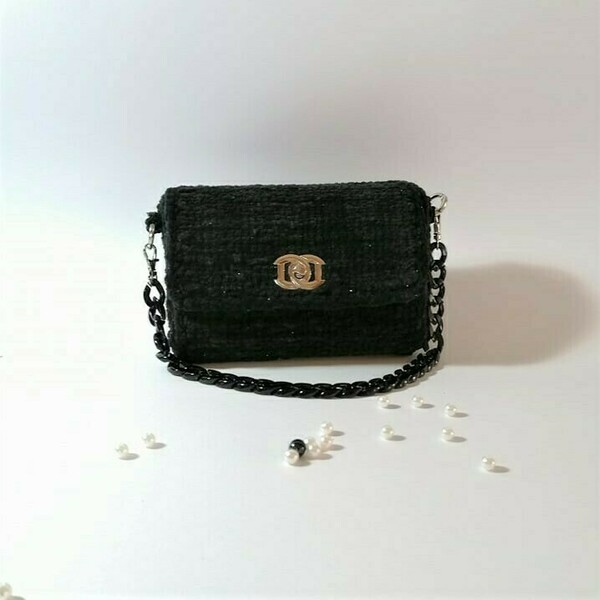 Mini black bag/ Μικρό βελουτέ μαύρο τσαντάκι - νήμα, χειρός, πλεκτές τσάντες, βραδινές, μικρές - 3