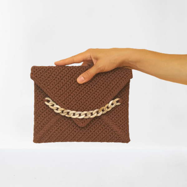 Boho clutch/ Καφέ χειροποίητη πλεκτή τσάντα φάκελος - νήμα, φάκελοι, χειρός, πλεκτές τσάντες, μικρές