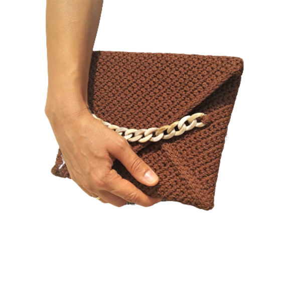 Boho clutch/ Καφέ χειροποίητη πλεκτή τσάντα φάκελος - νήμα, φάκελοι, χειρός, πλεκτές τσάντες, μικρές - 2