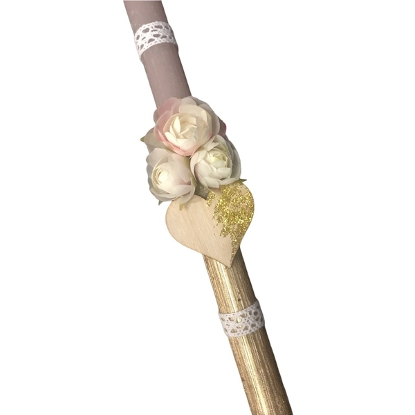 Αρωματική χειροποίητη vintage λαμπάδα με λουλουδάκια χρώμα nude χρυσό 32 εκ. - κορίτσι, λουλούδια, λαμπάδες, για ενήλικες, για εφήβους