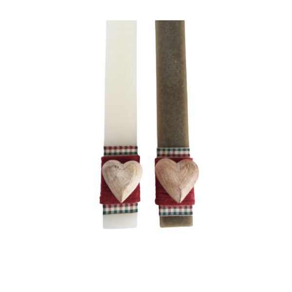 Λαμπάδα σετ 2τμχ ξύλινη καρδιά 30cm - λαμπάδες, ζευγάρια, για ενήλικες, δώρο πάσχα