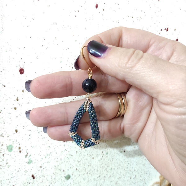 Σκουλαρίκια χειροποίητα σε μπλε χρώμα - ημιπολύτιμες πέτρες, επιχρυσωμένα, miyuki delica, boho, κρεμαστά - 2