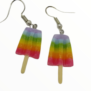 Σκουλαρίκια παγωτό γρανίτα Rainbow σε ξυλάκι (rainbow ice cream earrings),χειροποίητα κοσμήματα απομίμησης φαγητού απο πολυμερικό πηλό Mimitopia - γυναικεία, πηλός, χειροποίητα, παγωτό, φαγητό