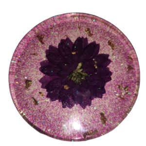 Σουβέρ με υγρό γυαλί μωβ λουλούδι - γυαλί, επιχρυσωμένα, γκλίτερ, σουβέρ, λουλούδια