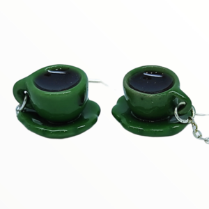 Σκουλαρίκια πράσινες κούπες με καφέ (coffee earrings),κοσμήματα απομίμησης φαγητού,χειροποίητα κοσμήματα πολυμερικού πηλού από τη Mimitopia - γυαλί, γυναικεία, πηλός, καθημερινό - 3