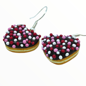 Σκουλαρίκια Λουκουμάδες donuts σε σχημα καρδιάς (donuts earrings),κοσμήματα απομίμησης φαγητού, χειροποίητα κοσμήματα πολυμερικού πηλού από τη Mimitopia - καρδιά, πηλός, κρεμαστά - 2