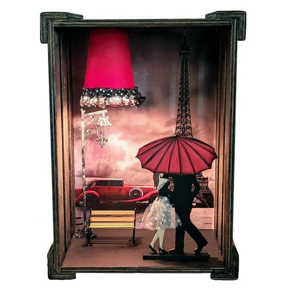 Ξύλινο χειροποίητο διακοσμητικό φωτιστικό Βόλτα στο Παρίσι - πορτατίφ, τοίχου, επέτειος, δώρα για γυναίκες
