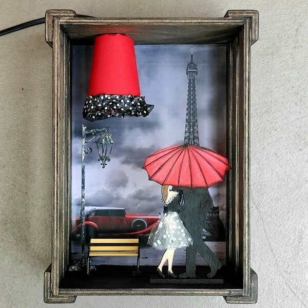 Ξύλινο χειροποίητο διακοσμητικό φωτιστικό Βόλτα στο Παρίσι - πορτατίφ, τοίχου, επέτειος, δώρα για γυναίκες - 3