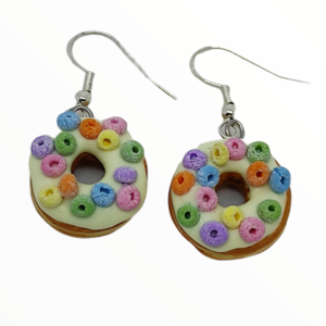 Σκουλαρίκια λουκουμάδες donuts με δημητριακά (donuts earrings),κοσμήματα απομίμησης φαγητού, χειροποίητα κοσμήματα πολυμερικού πηλού από τη Mimitopia - καρδιά, πηλός, γλυκά - 3
