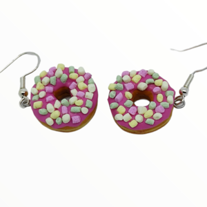 Σκουλαρίκια Λουκουμάδες donuts με marshmallows (donuts earrings),κοσμήματα απομίμησης φαγητού, χειροποίητα κοσμήματα πολυμερικού πηλού από τη Mimitopia - καρδιά, πηλός - 2