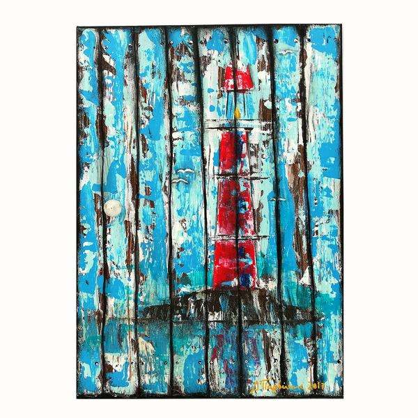 "Lighthouse on wooden door". Ζωγραφική με ακρυλικά σε καμβά. - πίνακες & κάδρα, ακρυλικό, πίνακες ζωγραφικής