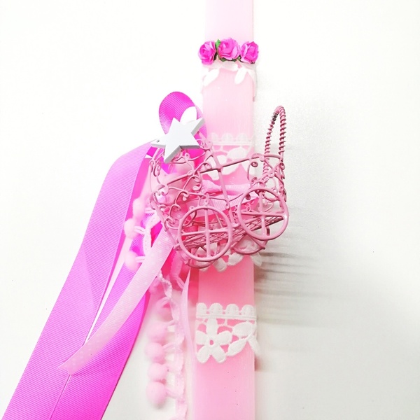 Βρεφική ροζ λαμπάδα με καροτσάκι και πον πον, κορίτσι - κορίτσι, λαμπάδες, λούτρινα, πρώτο Πάσχα, για μωρά - 5