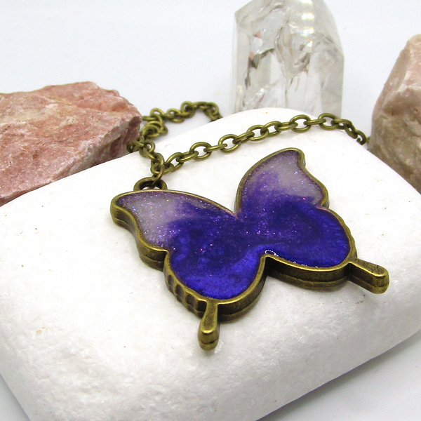 Purple Butterfly ~ μοβ κολιέ πεταλούδα - γυαλί, χαλκός, μακριά, φθηνά, μενταγιόν - 3