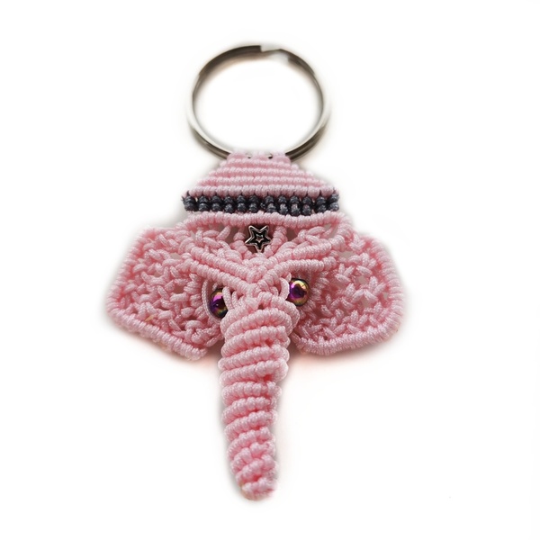 Μακραμέ μπρελόκ για τα κλειδιά ροζ ελεφαντάκι - αιματίτης, κλειδί, ελεφαντάκι, ethnic, πλεκτά