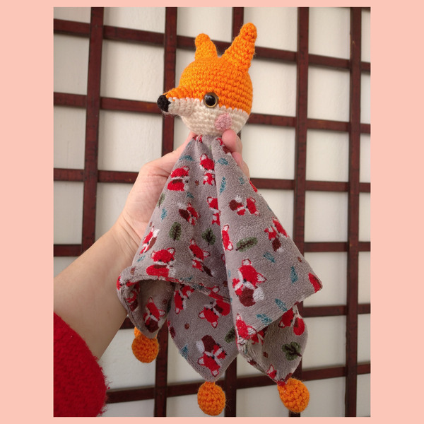 Πανάκι αγκαλιάς (πετσετάκι παρηγοριάς) ζωάκι - αλεπού (foxy doudou) - δώρο, crochet - 4
