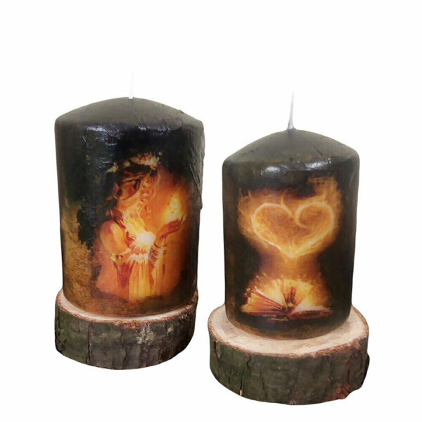Σετ 2 Κεριά Με Φωτεινές Παραστάσεις Σε Βάση Από Ξύλο Black - Multi ArtDome - ντεκουπάζ, αρωματικά κεριά, κεριά