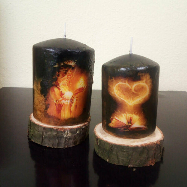 Σετ 2 Κεριά Με Φωτεινές Παραστάσεις Σε Βάση Από Ξύλο Black - Multi ArtDome - ντεκουπάζ, αρωματικά κεριά, κεριά - 2