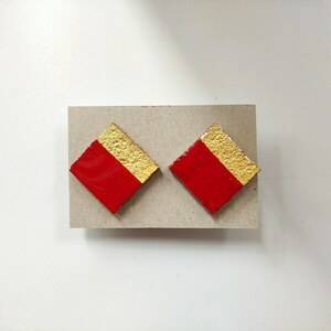 ρόμβοι σκουλαρίκια από φελλό κόκκινο-χρυσό - 2x2 εκ. - καρφωτά, μικρά