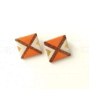ρόμβοι σκουλαρίκια από φελλόί σε πορτοκαλί αποχρώσεις - 3x3 εκ. - καρφωτά, μεγάλα, καρφάκι
