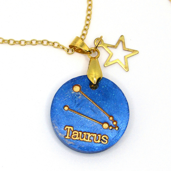 Taurus Blue ~ Μπλε κολιέ με τον αστερισμό του ζώδιο Ταύρου - γυαλί, charms, μακριά, φθηνά