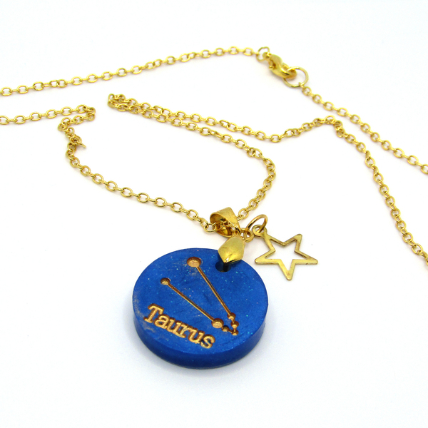 Taurus Blue ~ Μπλε κολιέ με τον αστερισμό του ζώδιο Ταύρου - γυαλί, charms, μακριά, φθηνά - 2