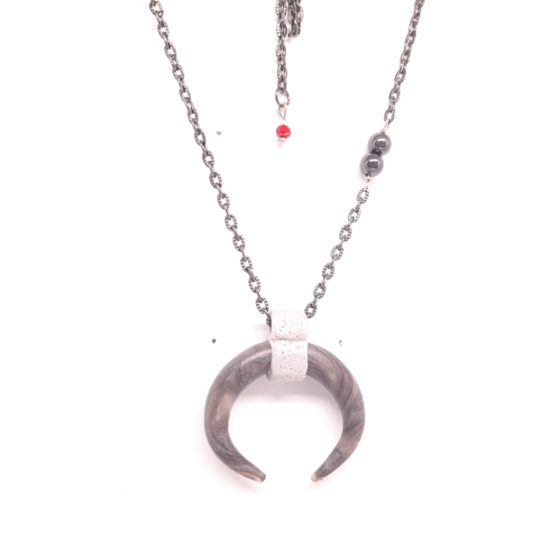 "Gray double horn neckless" μακρύ χειροποίητο από πηλό - ημιπολύτιμες πέτρες, πηλός, χειροποίητα, φθηνά