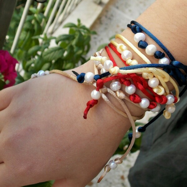 silk pearl bracelet - κορδόνια, boho, πέρλες, χεριού, αυξομειούμενα