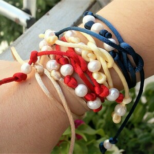 silk pearl bracelet - κορδόνια, boho, πέρλες, χεριού, αυξομειούμενα - 3