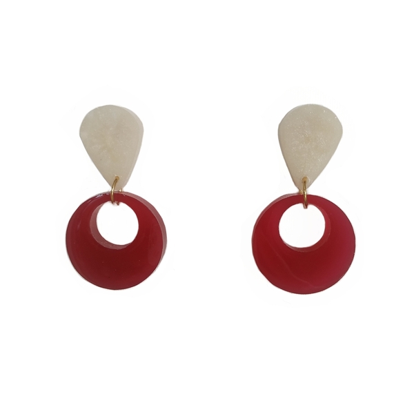 Σκουλαρίκια από υγρό γυαλί κόκκινο-λευκό 5,5x3 εκ. καρφωτά/ Liquid glass stud earrings red-white 5,5x3 cm - γυαλί, ατσάλι, κρεμαστά, μεγάλα