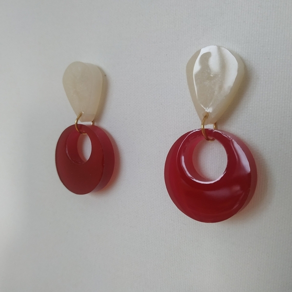 Σκουλαρίκια από υγρό γυαλί κόκκινο-λευκό 5,5x3 εκ. καρφωτά/ Liquid glass stud earrings red-white 5,5x3 cm - γυαλί, ατσάλι, κρεμαστά, μεγάλα - 3