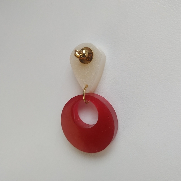 Σκουλαρίκια από υγρό γυαλί κόκκινο-λευκό 5,5x3 εκ. καρφωτά/ Liquid glass stud earrings red-white 5,5x3 cm - γυαλί, ατσάλι, κρεμαστά, μεγάλα - 4