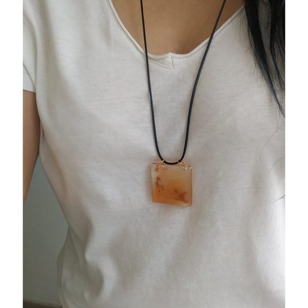 Κολιέ από υγρό γυαλί 3,5x3,5 cm-Πορτοκαλί Μεταλλικό/ Liquid glass necklace 3,5x3,5 Metallic Orange - γυαλί, ρητίνη, μακριά, ατσάλι, μεγάλα - 3