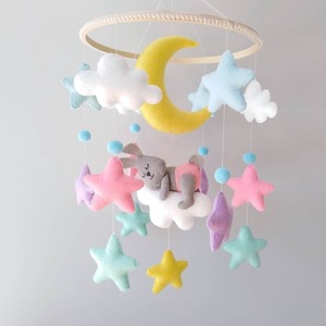 Mobile λαγουδάκι με χρωματιστά αστεράκια - κορίτσι, αγόρι, αστέρι, μόμπιλε, ζωάκια - 2