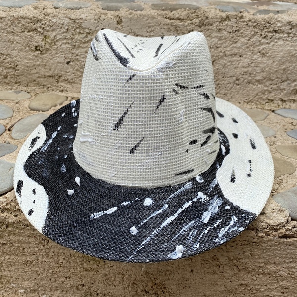 Ψάθινο καπέλο ζωγραφιστό - Black and white - ζωγραφισμένα στο χέρι, απαραίτητα καλοκαιρινά αξεσουάρ, ψάθινα - 2