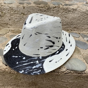 Ψάθινο καπέλο ζωγραφιστό - Black and white - ζωγραφισμένα στο χέρι, απαραίτητα καλοκαιρινά αξεσουάρ, ψάθινα - 3