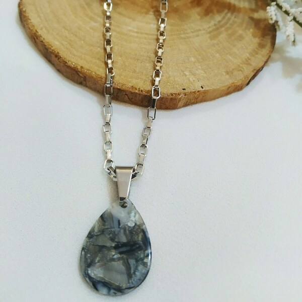 'Marble drop' necklace - σταγόνα, μακριά, plexi glass, ατσάλι, μεγάλα