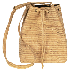 Τσάντα Πουγκί Φελλός "Brown Stripes Bucket Bag" - ώμου, πουγκί, μεγάλες, all day, φελλός