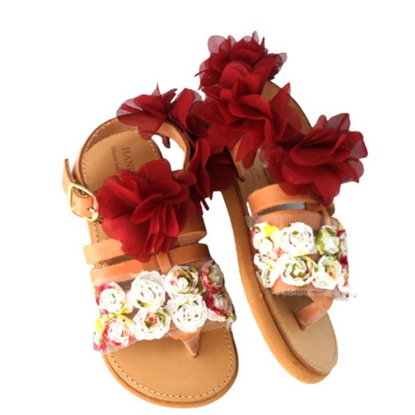 Διακοσμημένα δερμάτινα σανδάλια για κορίτσια σε κόκκινες αποχρώσεις με λουλούδια. - κορίτσι, σανδάλι, σανδάλια, boho - 2