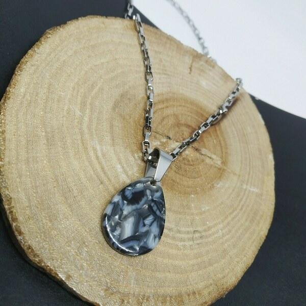 'Marble drop' necklace - σταγόνα, μακριά, plexi glass, ατσάλι, μεγάλα - 2