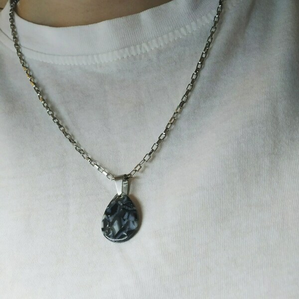'Marble drop' necklace - σταγόνα, μακριά, plexi glass, ατσάλι, μεγάλα - 3