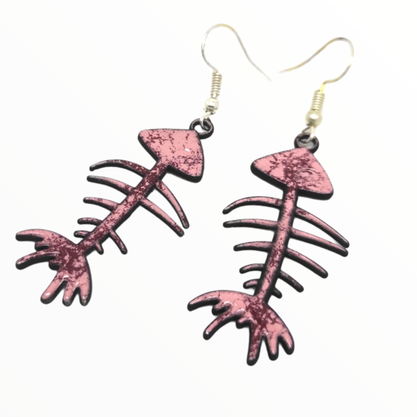 Σκουλαρίκια ψαροκόκαλο ροζ με μπορντό βαμμένα με Σμάλτο, χειροποίητα κοσμήματα σμάλτου mimitopia - σμάλτος, ψάρι, κρεμαστά - 2