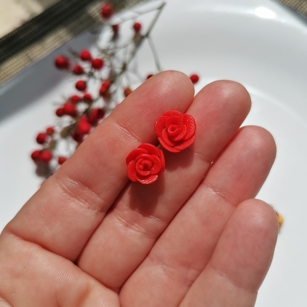 Σκουλαρίκια τριαντάφυλλα καρφωτά - τριαντάφυλλο, πηλός, λουλούδι, καρφωτά, γιορτή της μητέρας - 3