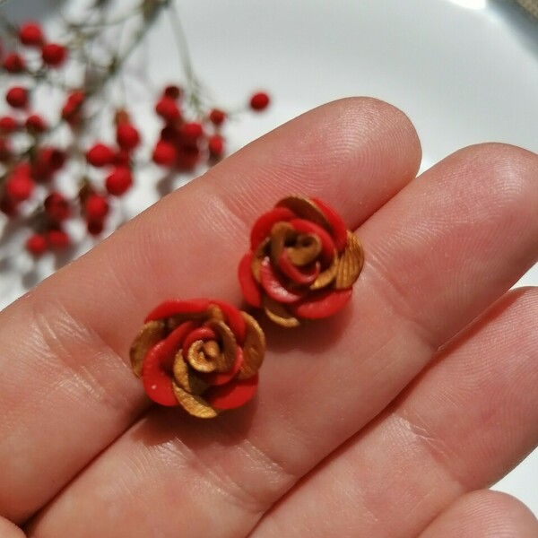 Σκουλαρίκια τριαντάφυλλα καρφωτά - τριαντάφυλλο, πηλός, λουλούδι, καρφωτά, γιορτή της μητέρας - 4