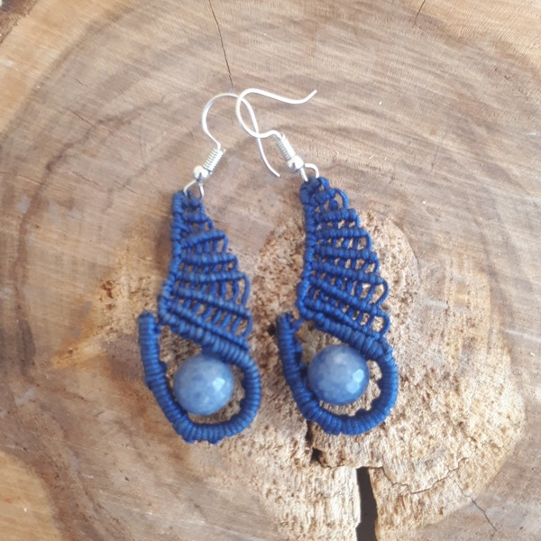 Μακραμέ σκουλαρίκια μπλε με χάντρα νεφρίτη - ημιπολύτιμες πέτρες, μακραμέ, μικρά, κρεμαστά - 2
