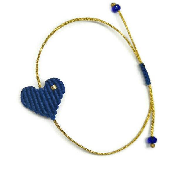 Βραχιόλι μακραμέ καρδιά μπλε με χρυσή χάντρα miyuki - καρδιά, μακραμέ, boho, χεριού