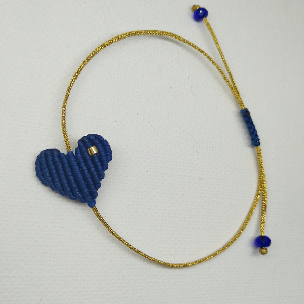 Βραχιόλι μακραμέ καρδιά μπλε με χρυσή χάντρα miyuki - καρδιά, μακραμέ, boho, χεριού - 4