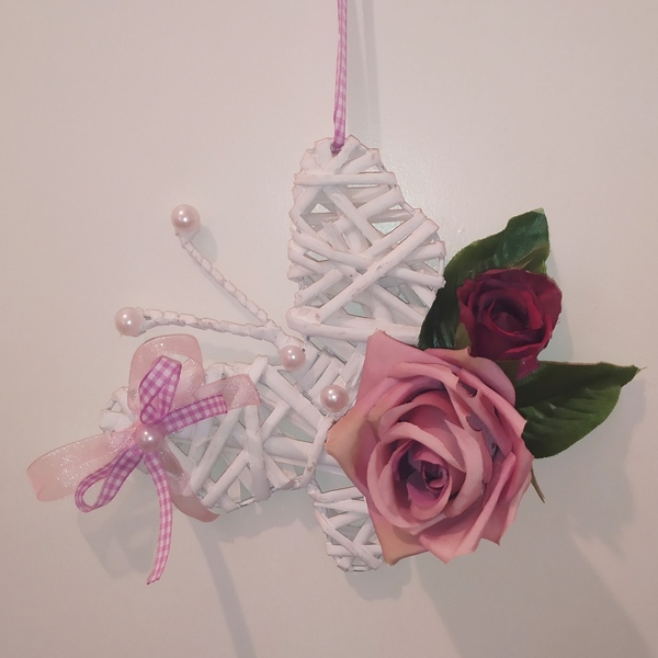 Ξύλινη πεταλούδα στεφάνι 13cm με τριαντάφυλλα - στεφάνια, δώρο, πεταλούδα, ξύλινα διακοσμητικά τοίχου - 4