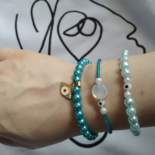 Baby blue bracelet - μάτι, χάντρες, μαμά, πέρλες, χεριού - 4