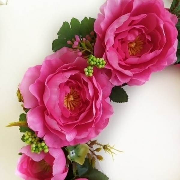 Στεφάνι ξύλινο με λουλούδια φούξια - στεφάνια, λουλούδια, διακόσμηση - 4